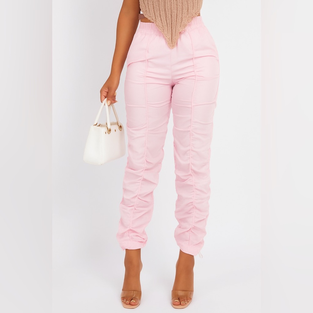 Pink Ruched Detail Trousers with Elegant Fit